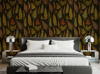 Dark botanical fern wallpaper in warm tone styled on a bedroom wall., GD10211