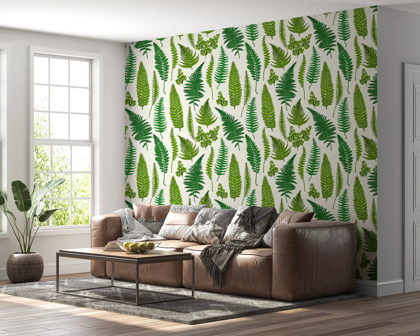 Green botanical wallpaper layout with detailed fern fronds and small leaflets on a soft cream tone., GD10212