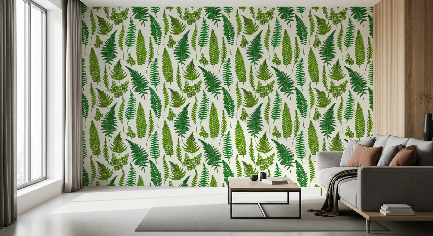 Ferns on natural white wallpaper with mixed green fronds and maidenhair leaves., GD10212