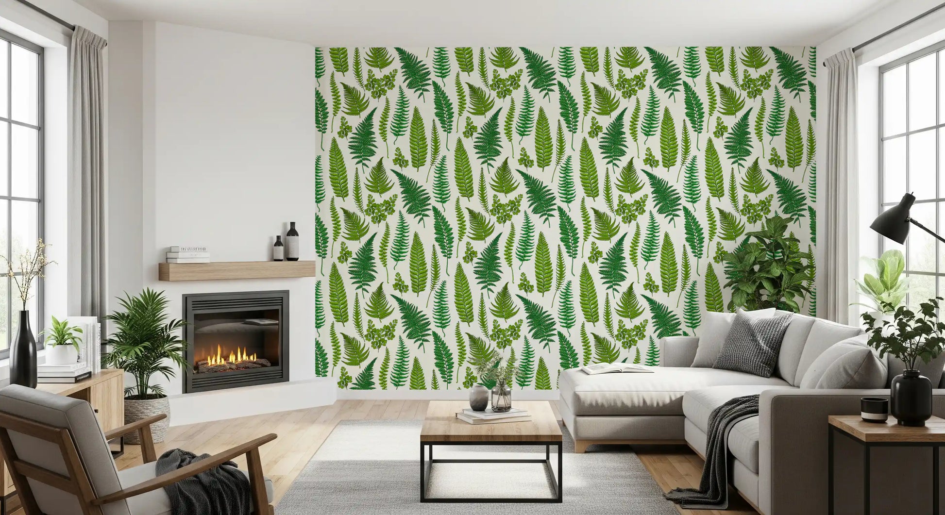 Living room wall styled with a green fern wallpaper on a white background., GD10212