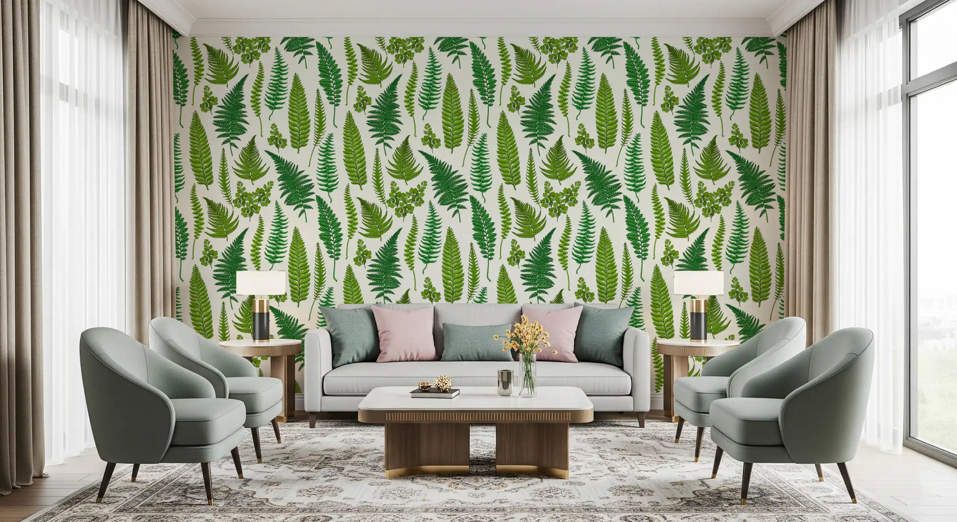 Botanical fern wallpaper pattern showing feathered fronds and pinnate leaves in light and deep green., GD10212