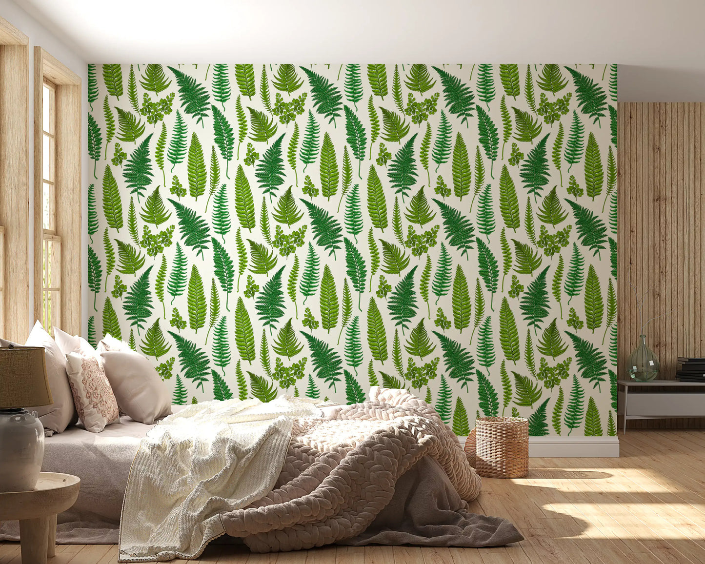 Bedroom wall featuring a botanical fern wallpaper with mixed green fronds., GD10212