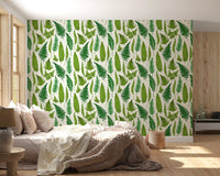 Bedroom wall featuring a botanical fern wallpaper with mixed green fronds., GD10212