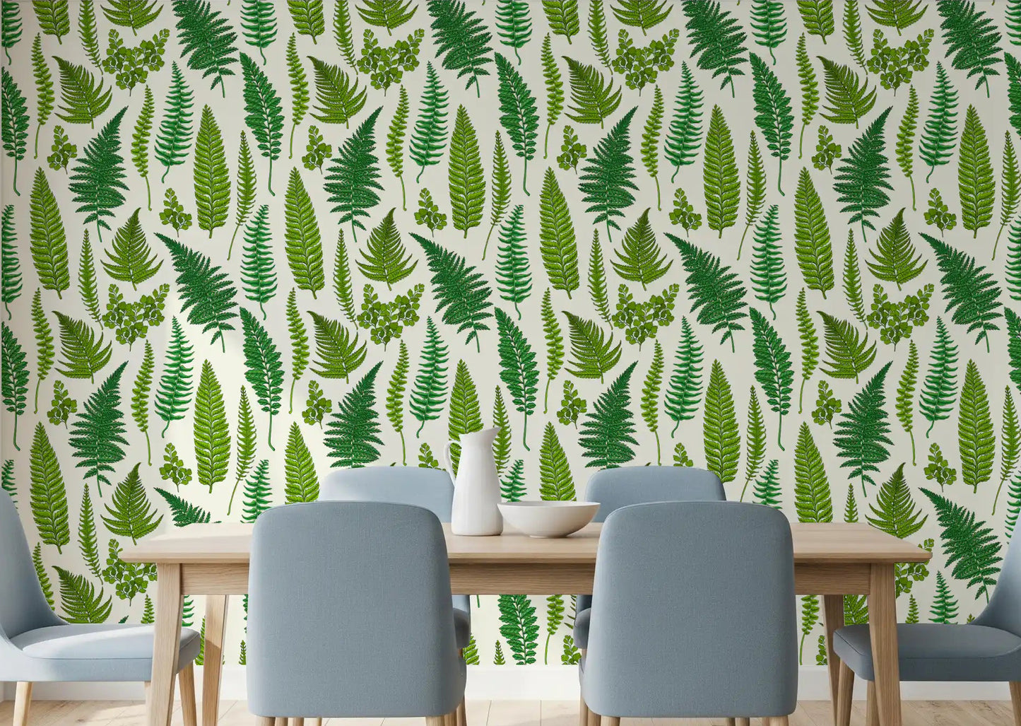 Dining room wall styled with a fern wallpaper showing maidenhair and feathered fronds., GD10212