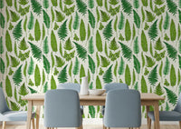 Dining room wall styled with a fern wallpaper showing maidenhair and feathered fronds., GD10212