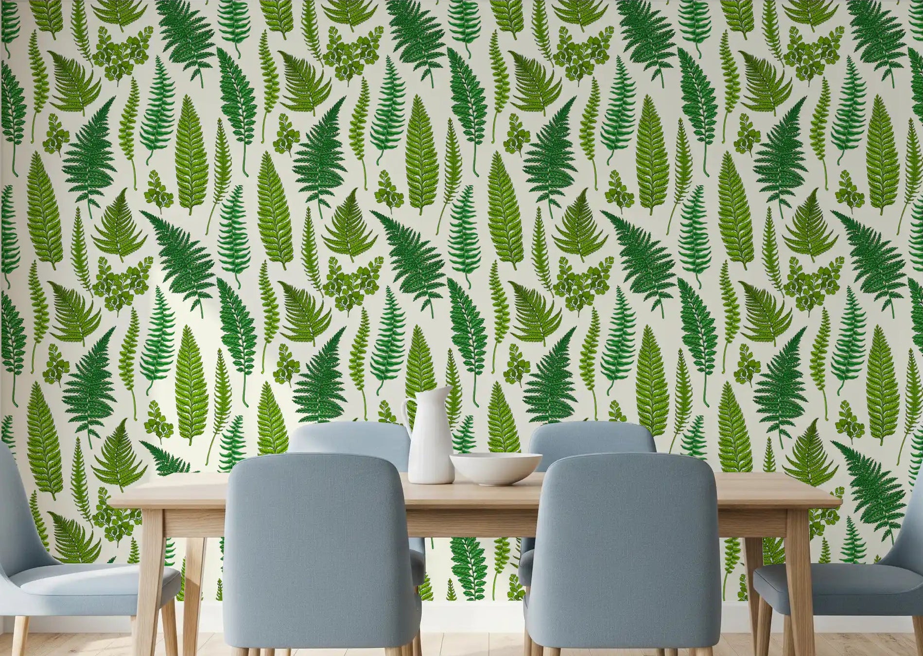 Dining room wall styled with a fern wallpaper showing maidenhair and feathered fronds., GD10212