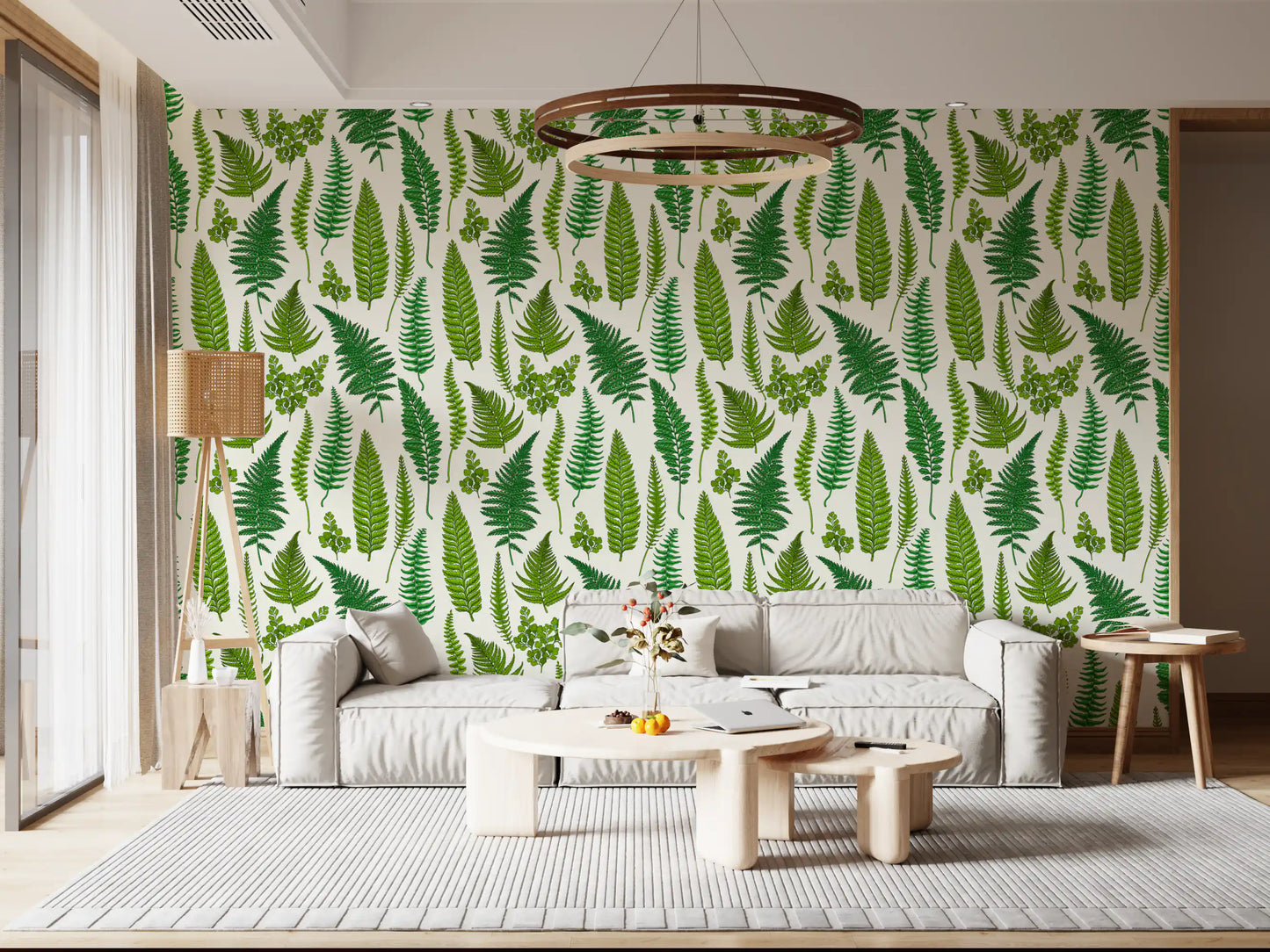 Living room wall featuring a green botanical fern wallpaper on a natural white background., GD10212