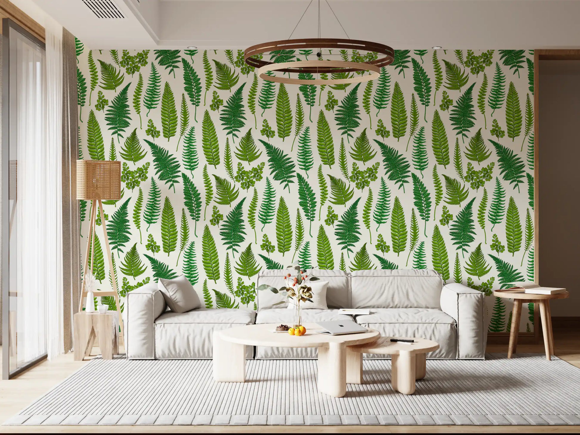 Living room wall featuring a green botanical fern wallpaper on a natural white background., GD10212