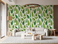 Living room wall featuring a green botanical fern wallpaper on a natural white background., GD10212