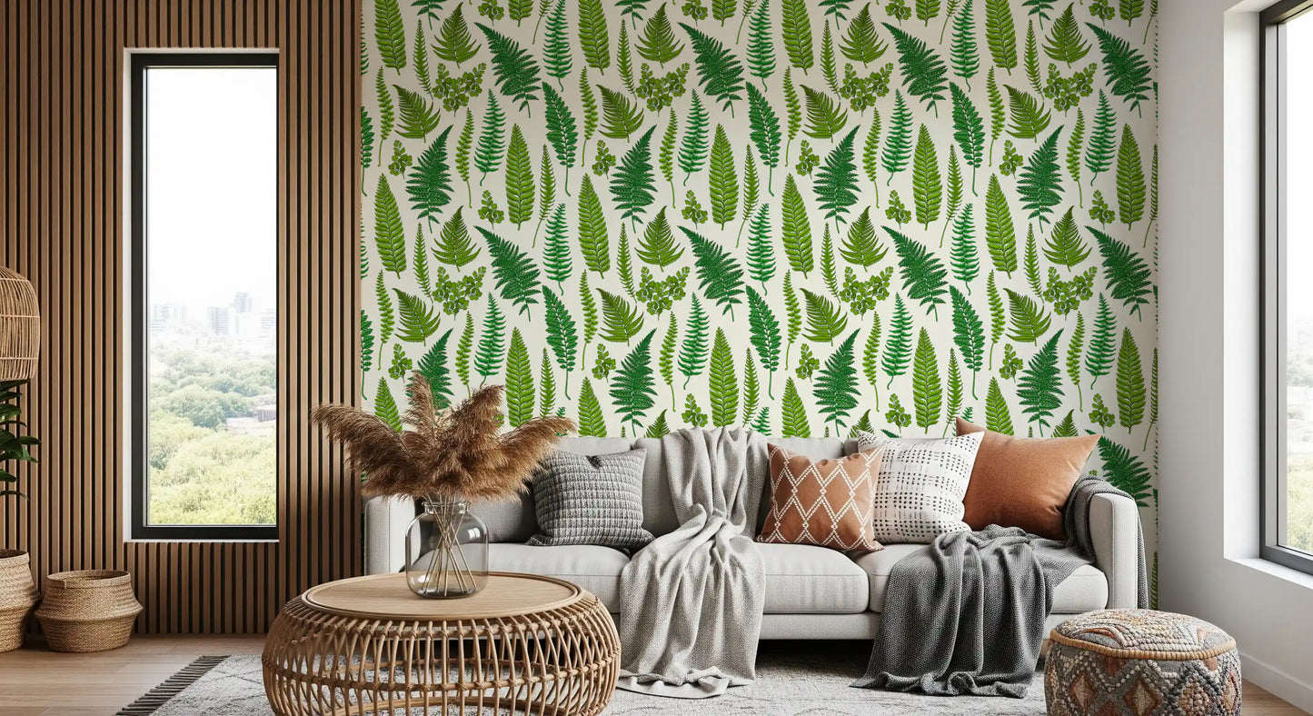 Hallway wall styled with a fern wallpaper showing varied frond shapes., GD10212