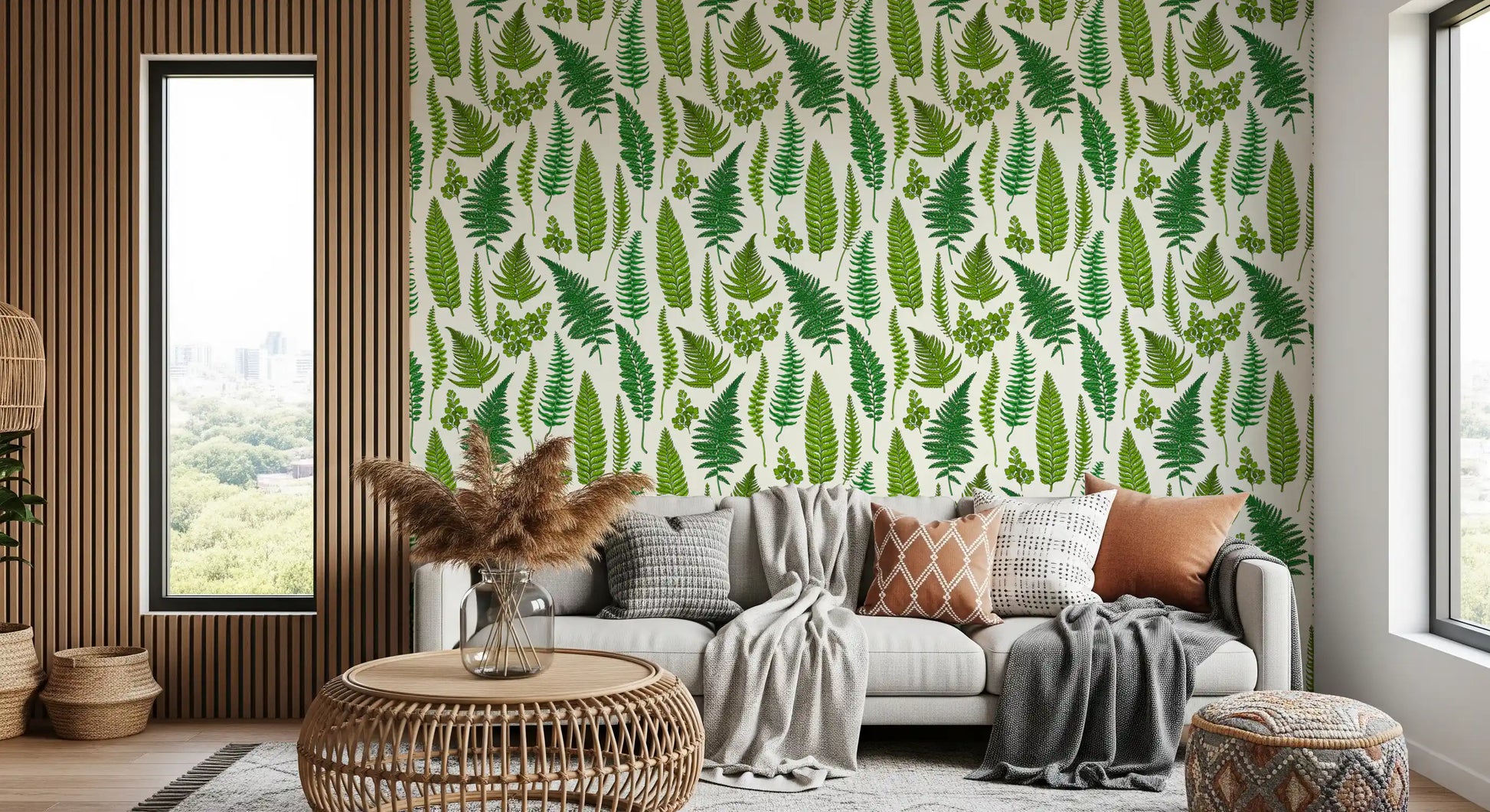 Hallway wall styled with a fern wallpaper showing varied frond shapes., GD10212
