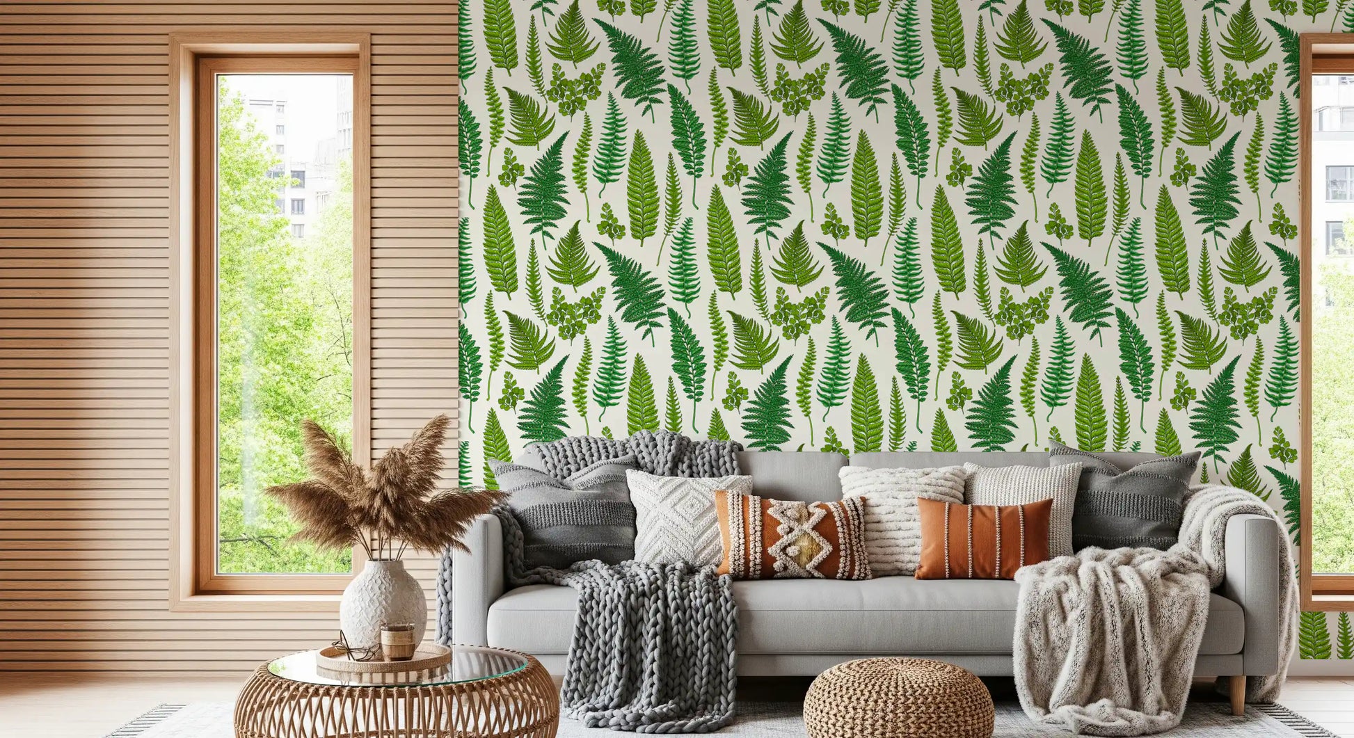 Mixed fern frond illustration on a botanical wallpaper with varied shapes and green shades., GD10212
