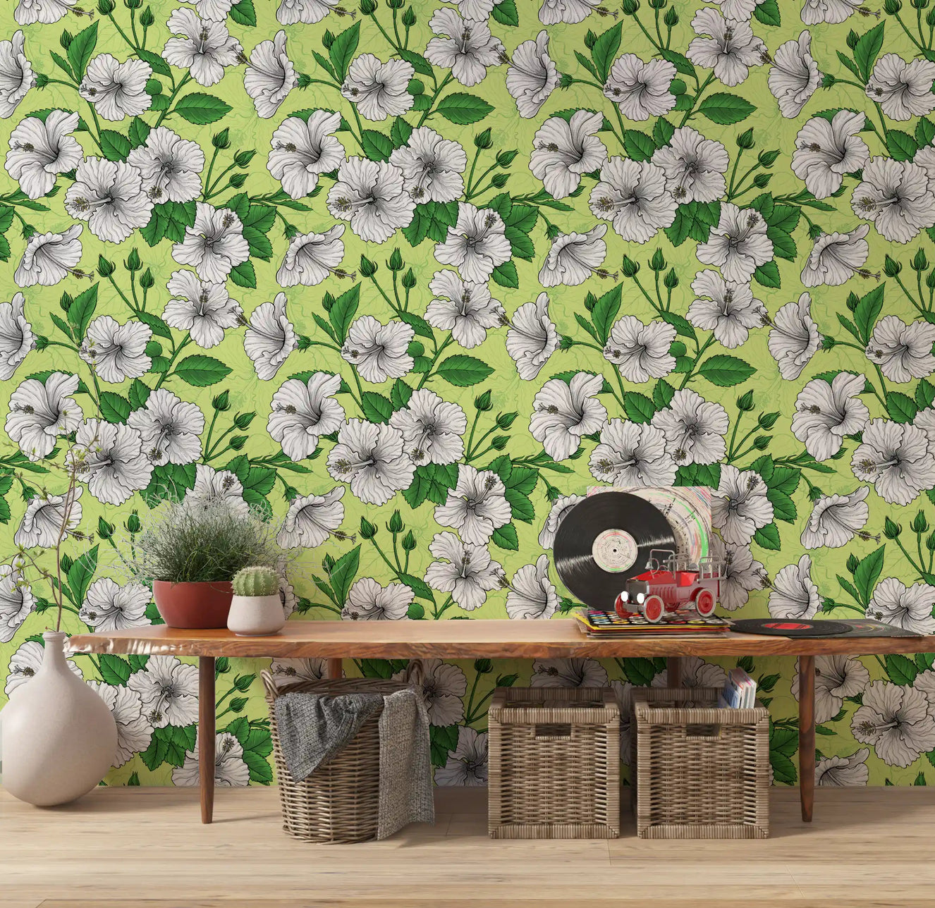 Tropical floral wallpaper installed in a sunlit hallway corner.