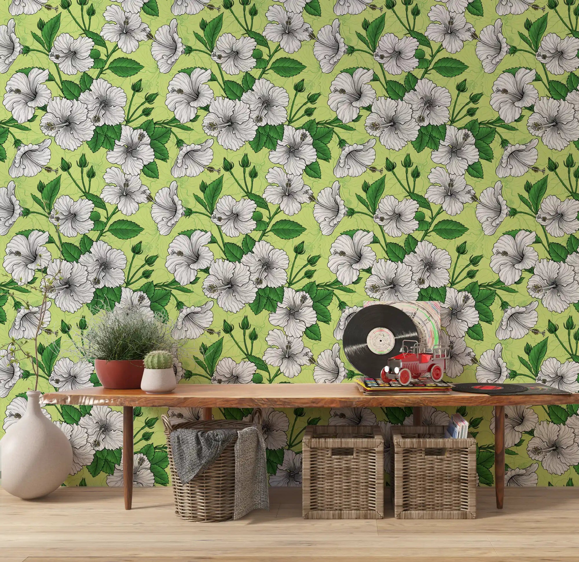 Tropical floral wallpaper installed in a sunlit hallway corner., GD10213