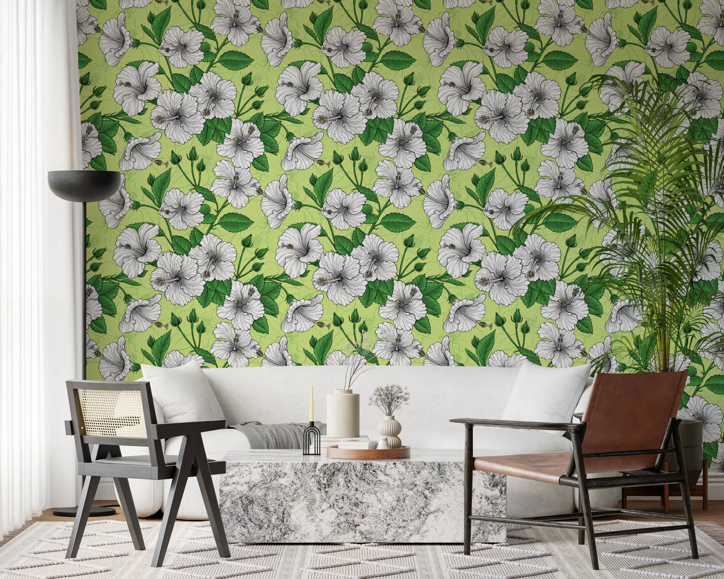 Vintage Hibiscus Botanical Floral Pattern - Tropical Hawaiian Aloha Summer Garden Print Wallpaper⁠