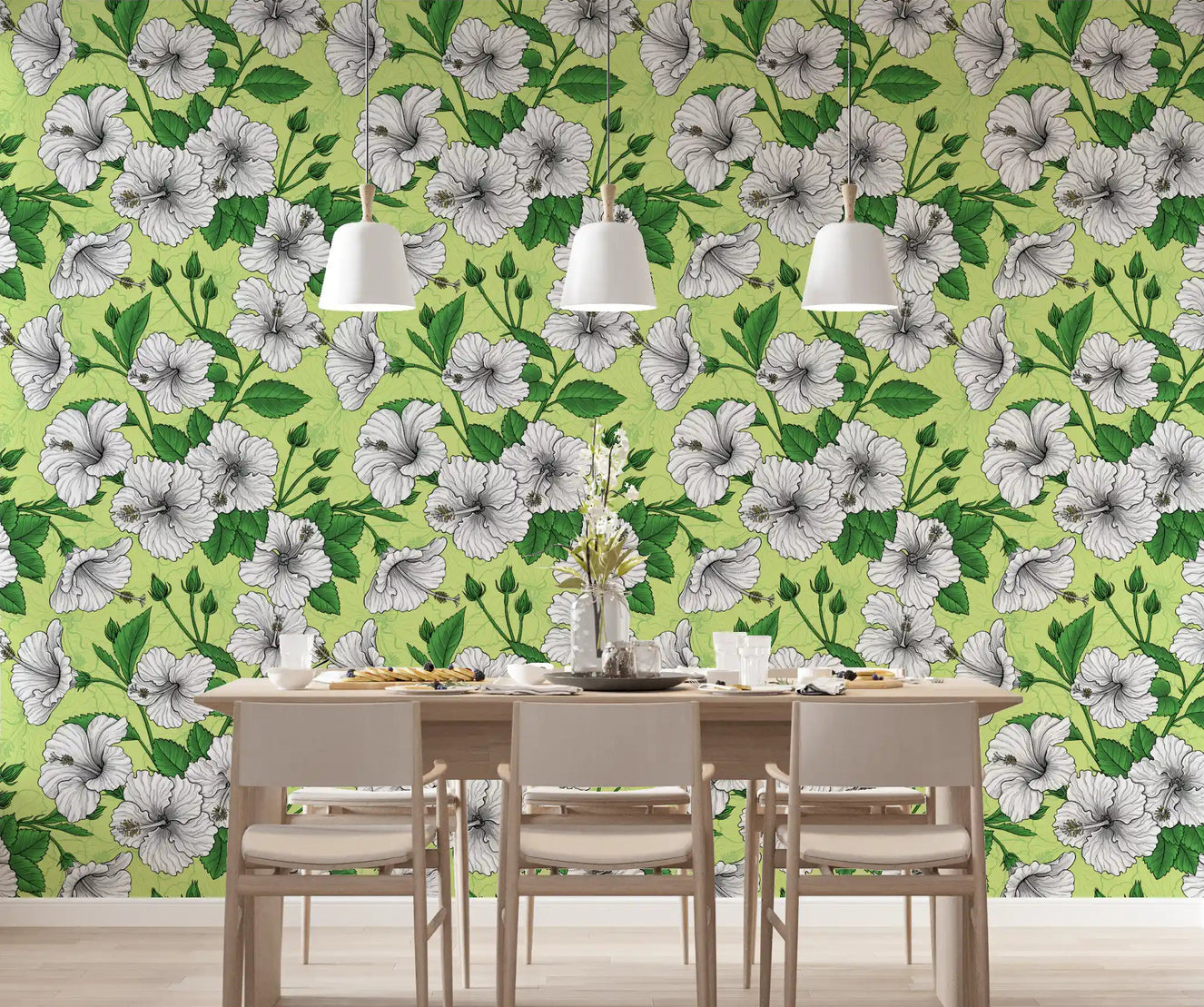 Vintage hibiscus wallpaper on a dining room wall with green leaves pattern.