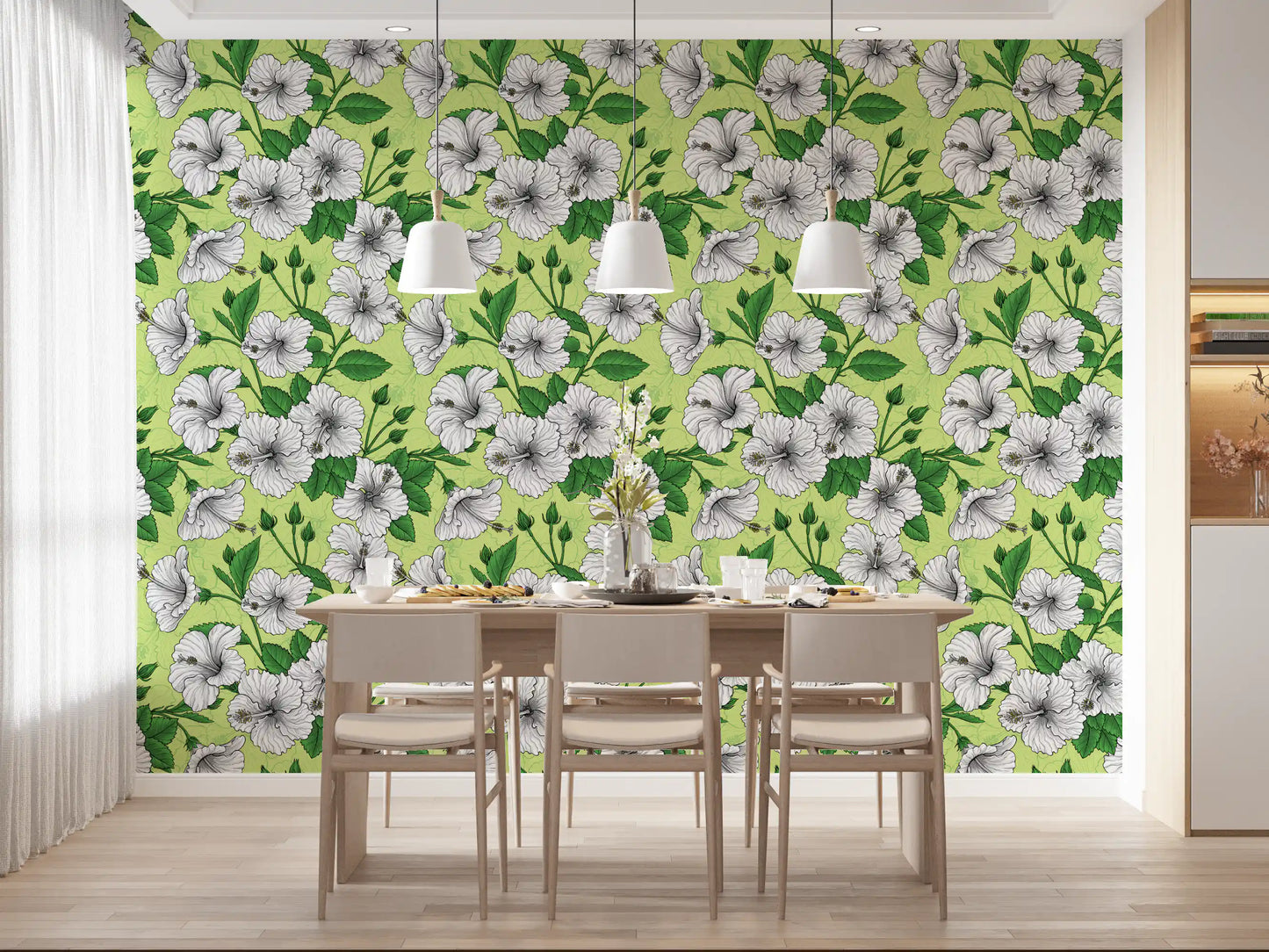 Vintage Hibiscus Botanical Floral Pattern Tropical Hawaiian Aloha Summer Garden Print Wallpaper⁠