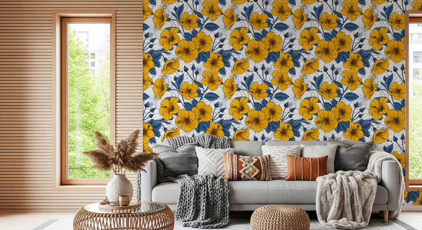 Vintage Hibiscus Botanical Floral Pattern .Tropical Hawaiian Aloha Summer Garden Print Wallpaper⁠