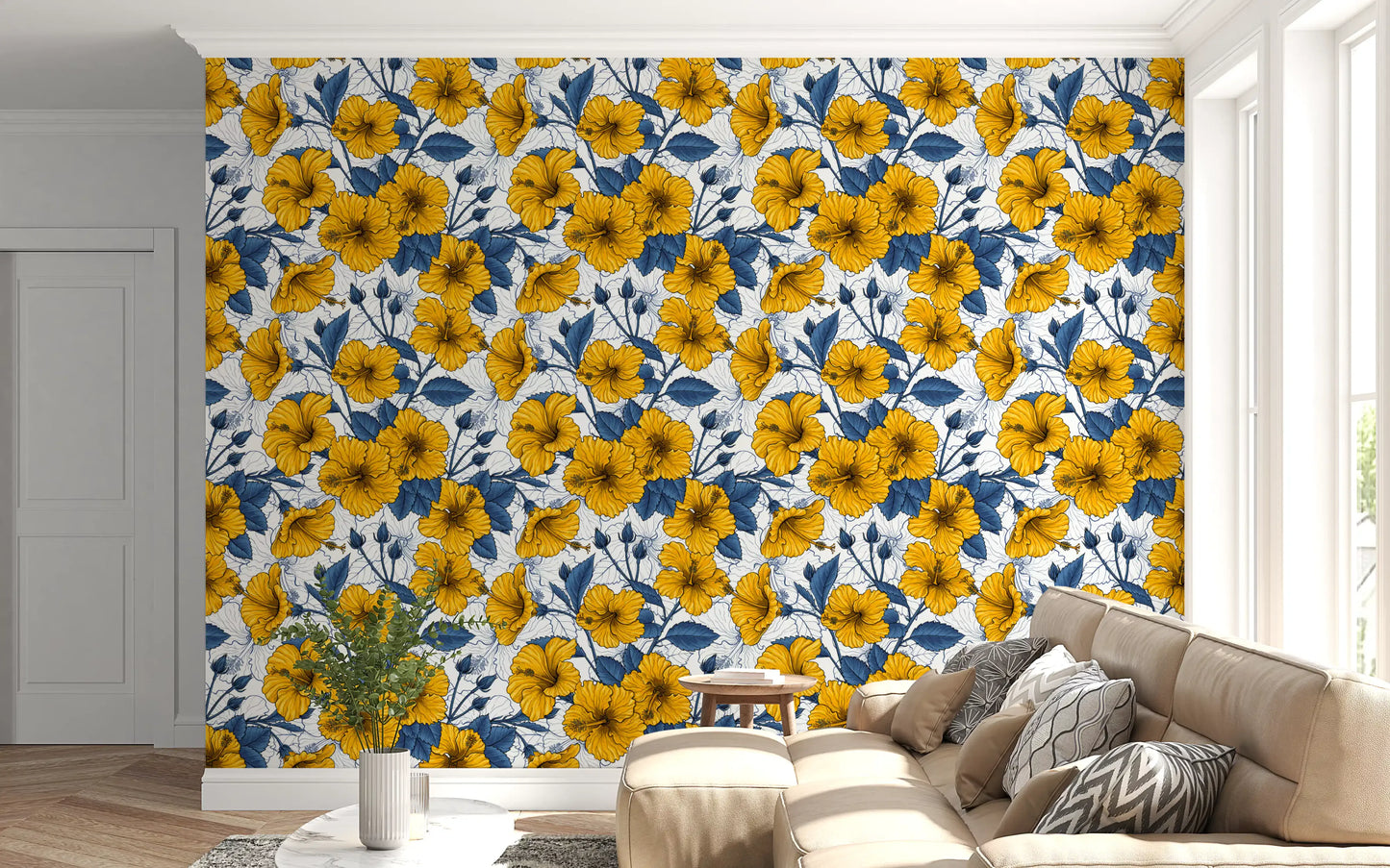 Vintage Hibiscus Botanical Floral Pattern .Tropical Hawaiian Aloha Summer Garden Print Wallpaper⁠