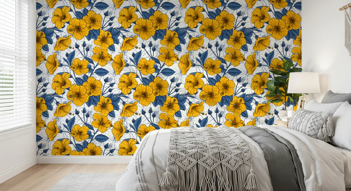 Vintage Hibiscus Botanical Floral Pattern .Tropical Hawaiian Aloha Summer Garden Print Wallpaper⁠