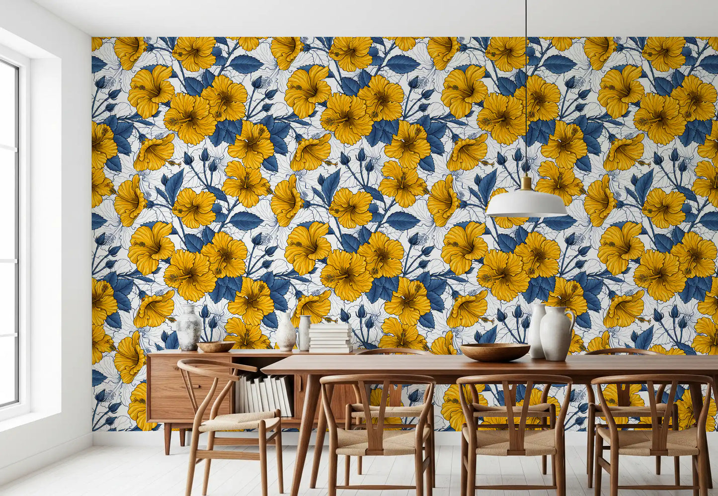 Vintage Hibiscus Botanical Floral Pattern .Tropical Hawaiian Aloha Summer Garden Print Wallpaper⁠