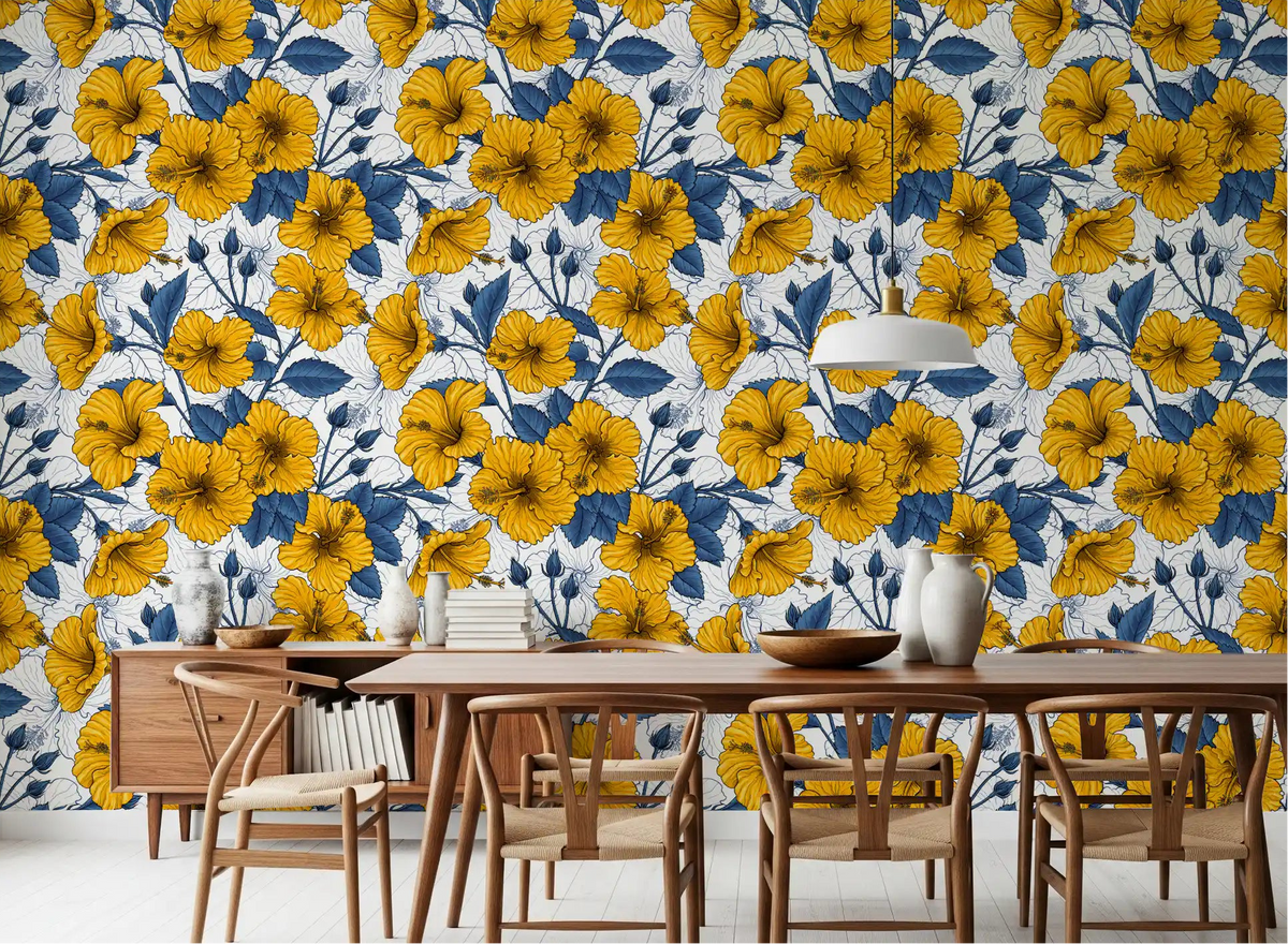 Vintage hibiscus wallpaper set on a dining room feature wall., GD10215
