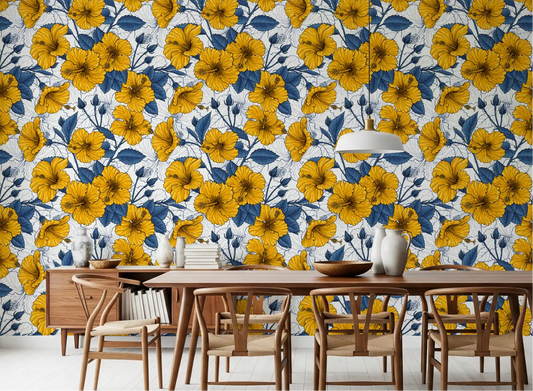 Vintage hibiscus wallpaper set on a dining room feature wall.