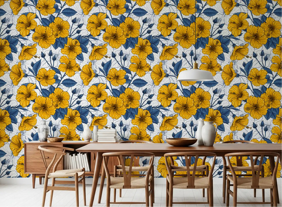 Vintage hibiscus wallpaper set on a dining room feature wall., GD10215