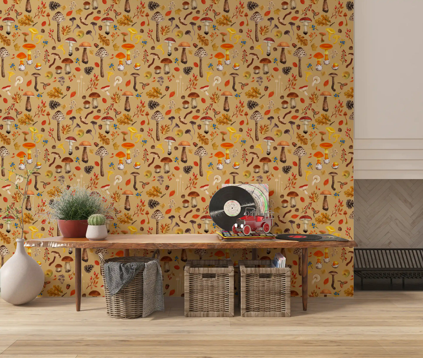 Wild mushrooms on ochre Wallpaper⁠
