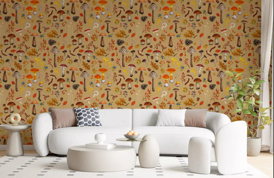 Ochre woodland mushroom wallpaper styled on a living room wall.