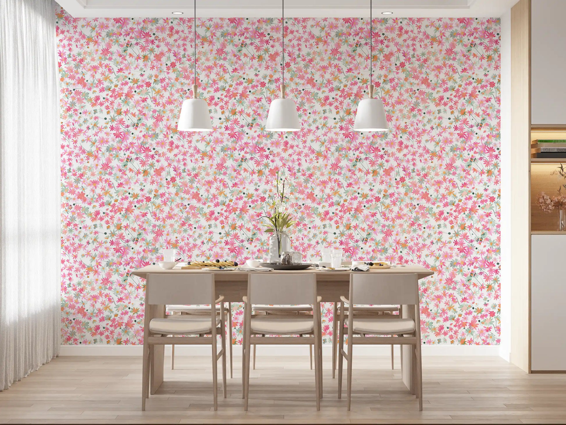 Watercolour floral wallpaper with small daisy blooms in dining room., GD10217