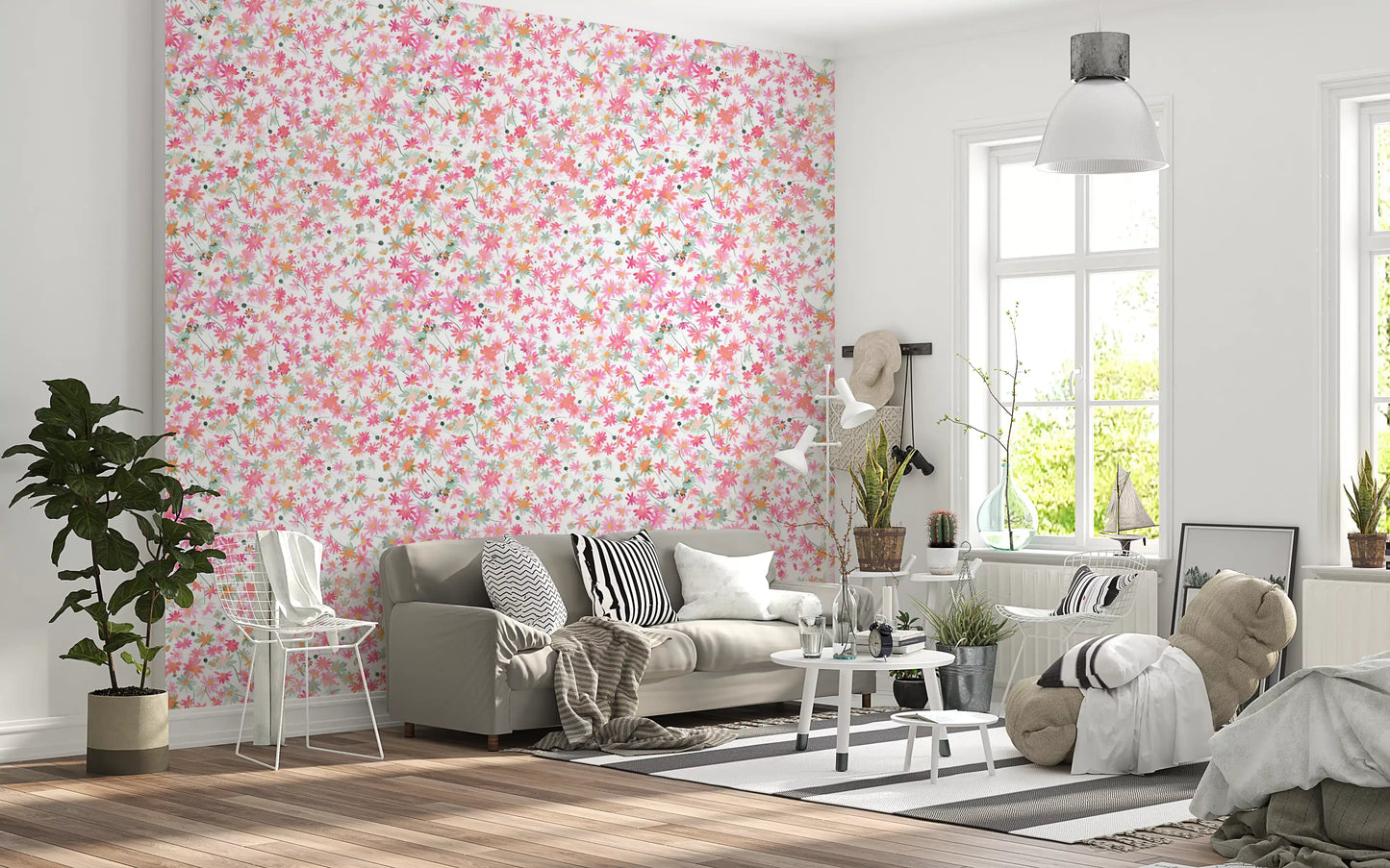 Soft daisy wallpaper with yellow centres and sage stems., GD10217