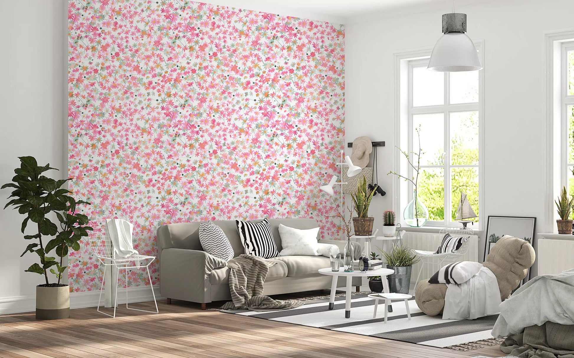 Soft daisy wallpaper with yellow centres and sage stems., GD10217