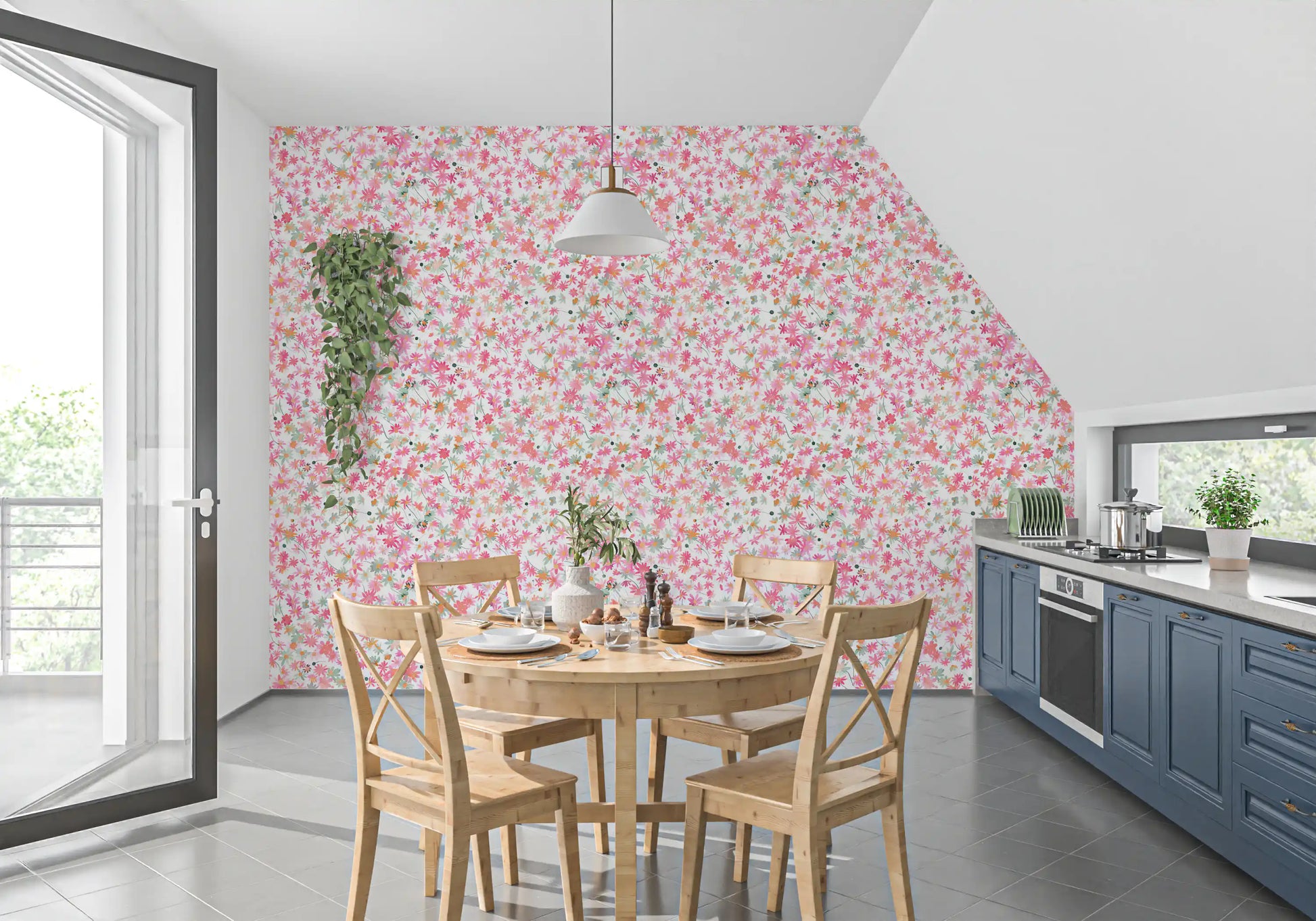 Watercolour floral wallpaper with mixed pink and coral daisy blooms and green leaves., GD10217
