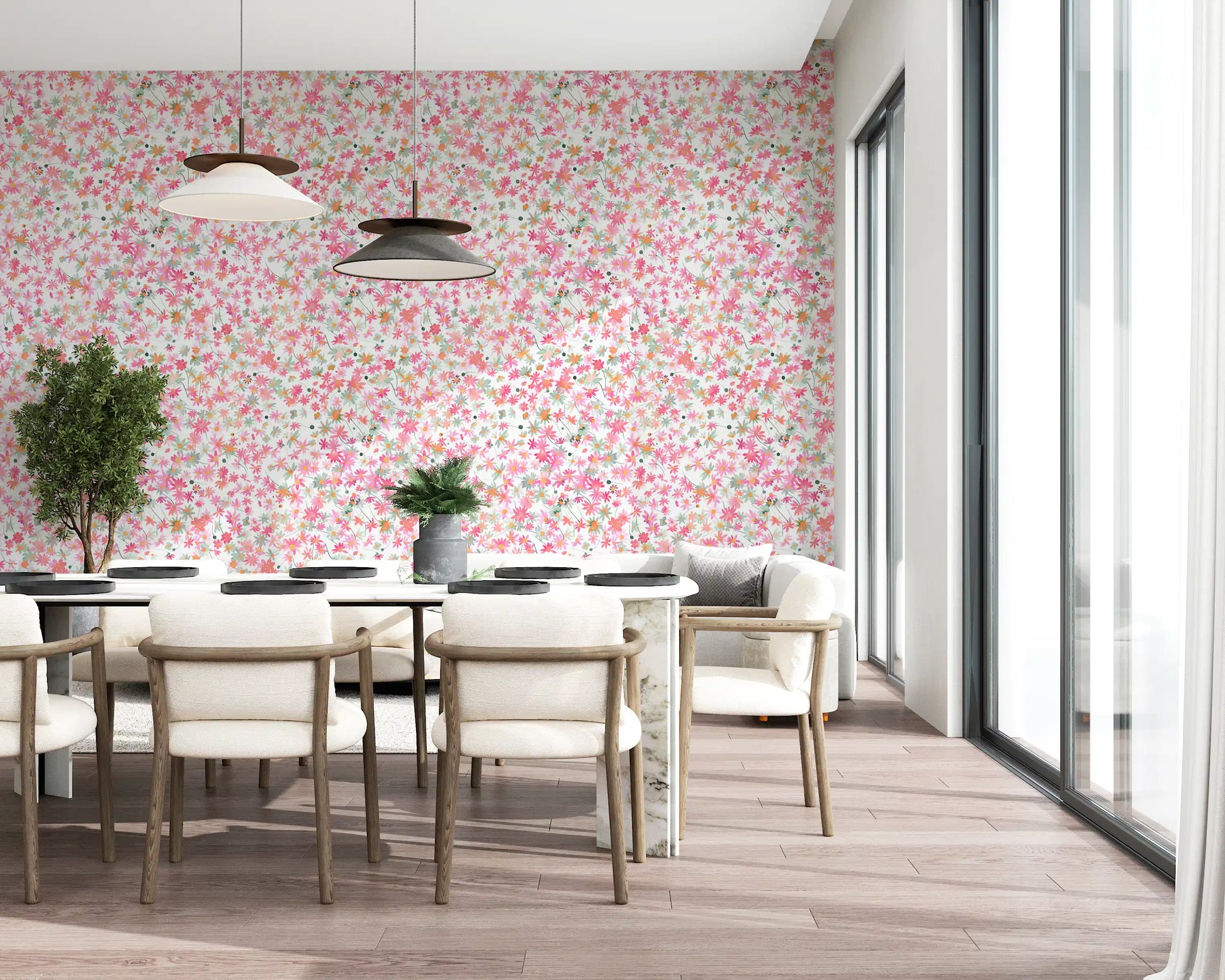 Dining rom wall featuring a pink and coral daisy wallpaper with sage leaves., GD10217