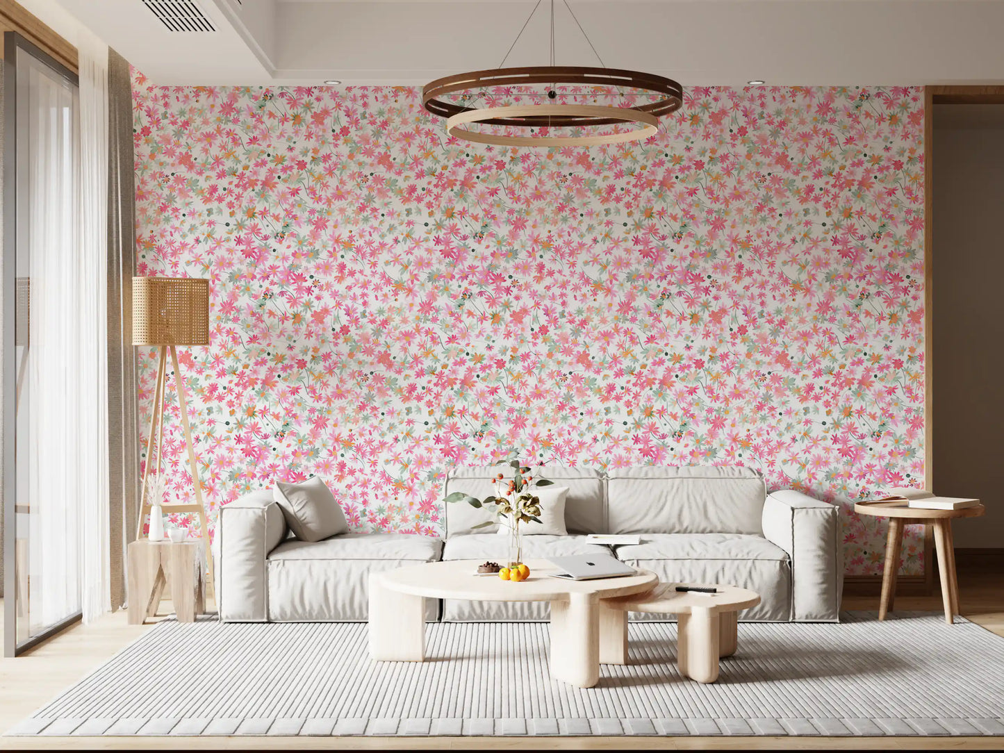 Watercolour daisy wallpaper with pink, coral, and peach blooms on a soft white background., GD10217