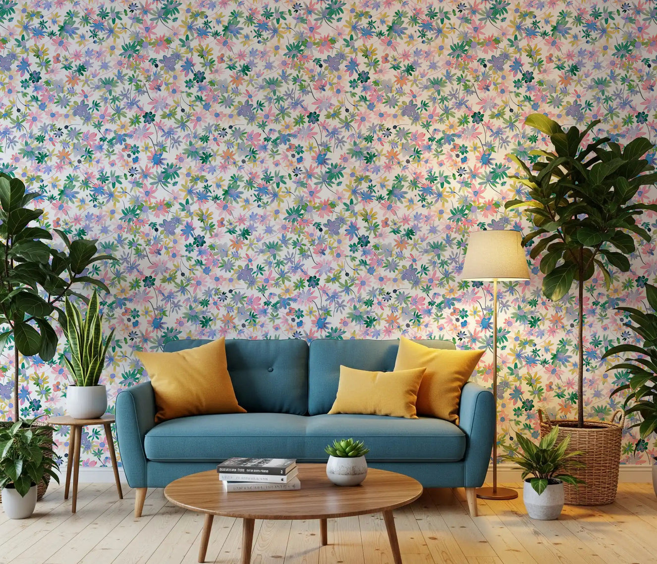 Watercolour daisy wallpaper shown in a hallwy with painterly pastel blooms.