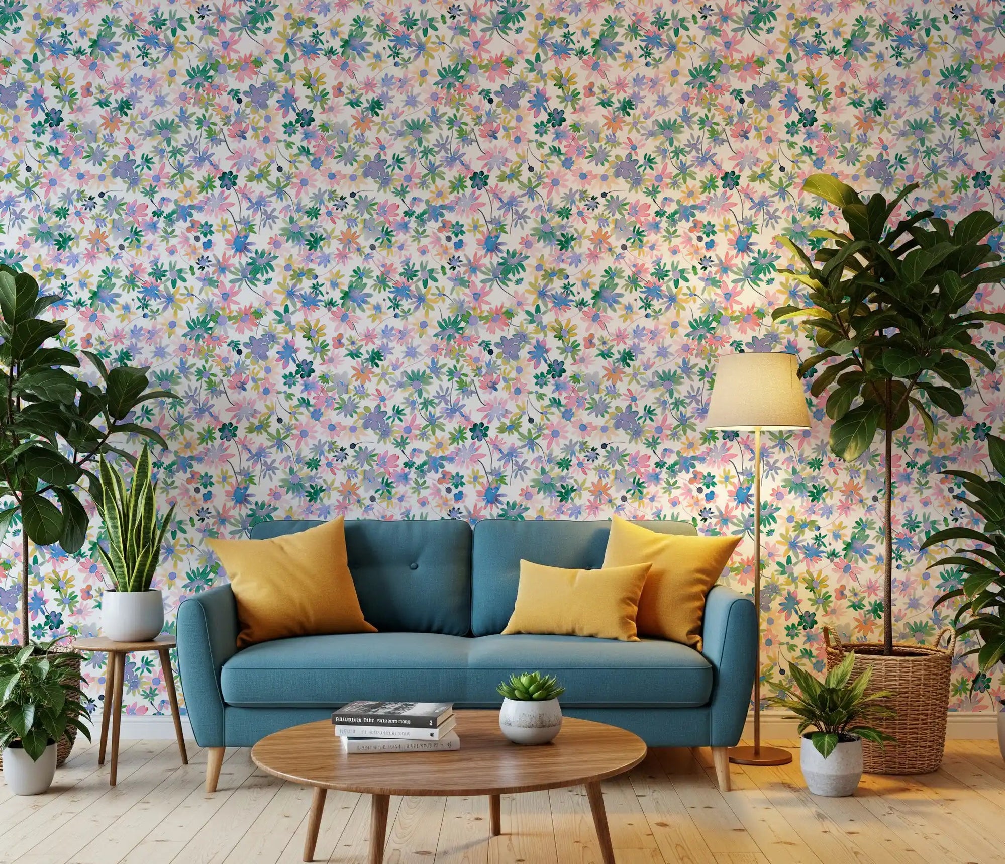 Watercolour daisy wallpaper shown in a hallwy with painterly pastel blooms., GD10218