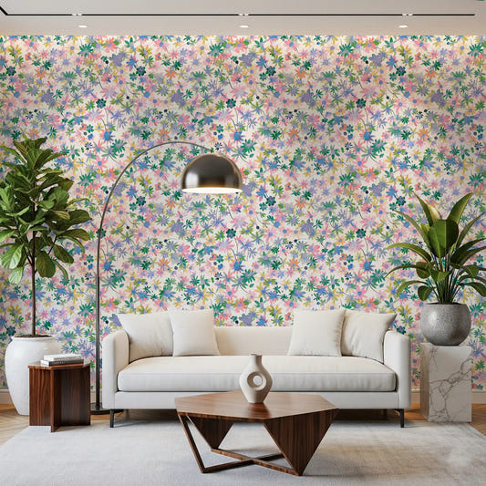 Dreamy Meadow Blooms Wallpaper styled on a living room wall with soft watercolour florals.