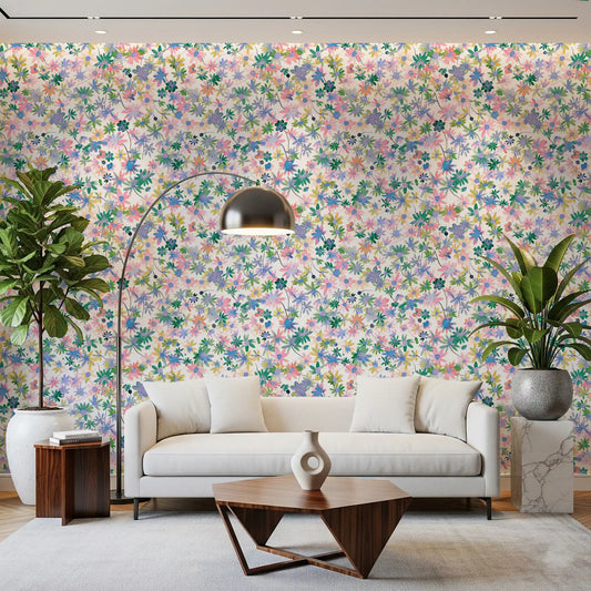 Dreamy Meadow Blooms Wallpaper styled on a living room wall with soft watercolour florals.