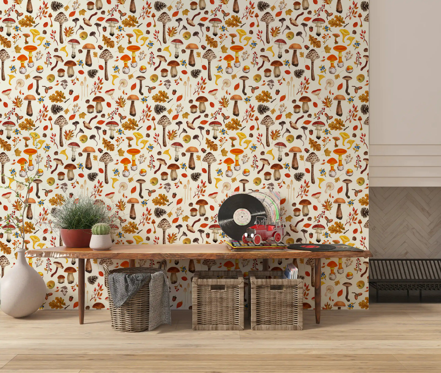 Wild mushrooms on off white Wallpaper⁠