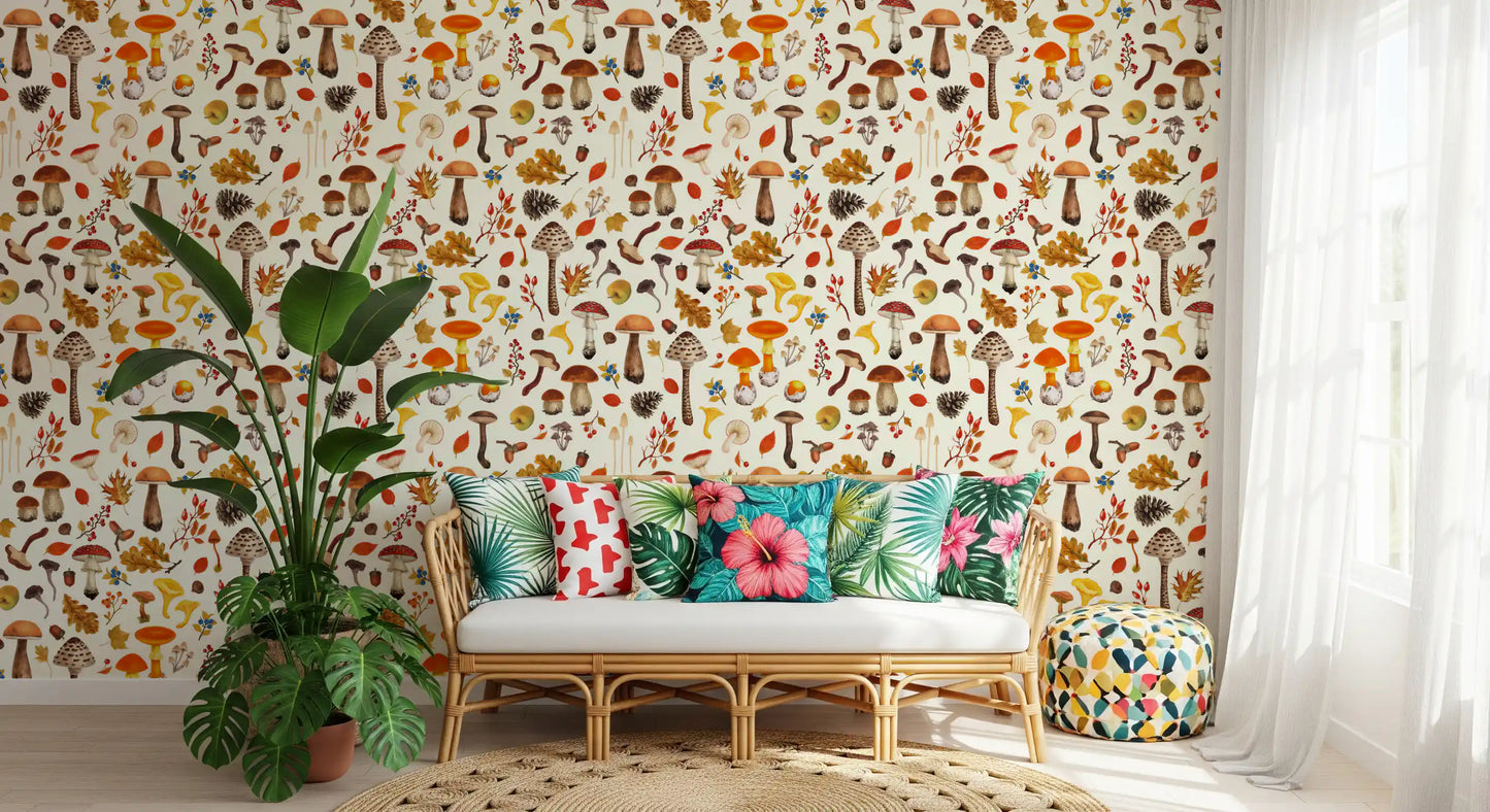 Wild mushrooms on off white Wallpaper⁠