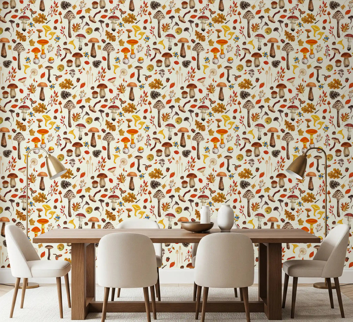 Watercolour mushroom wallpaper styled as a dining room feature wall in soft cream., GD10219
