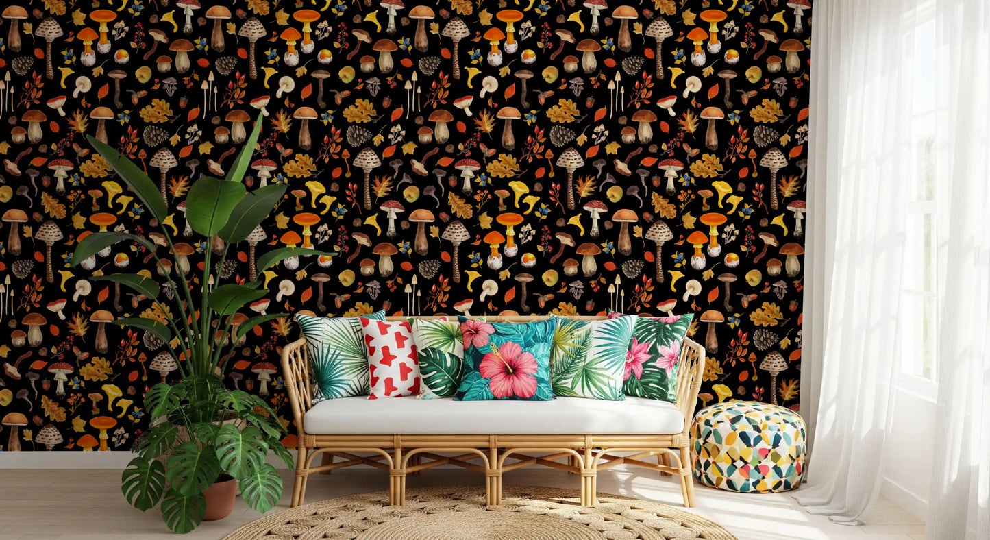 Wild mushrooms on black Wallpaper⁠