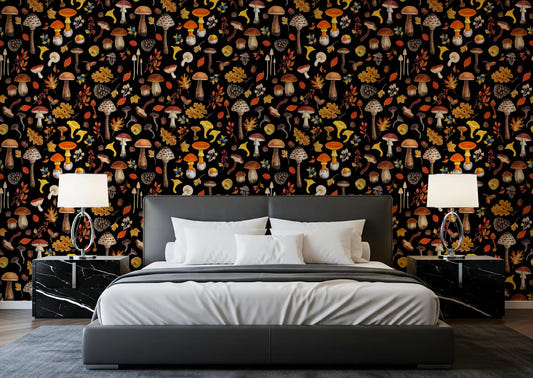Wild mushroom wallpaper styled on a bedroom feature wall.