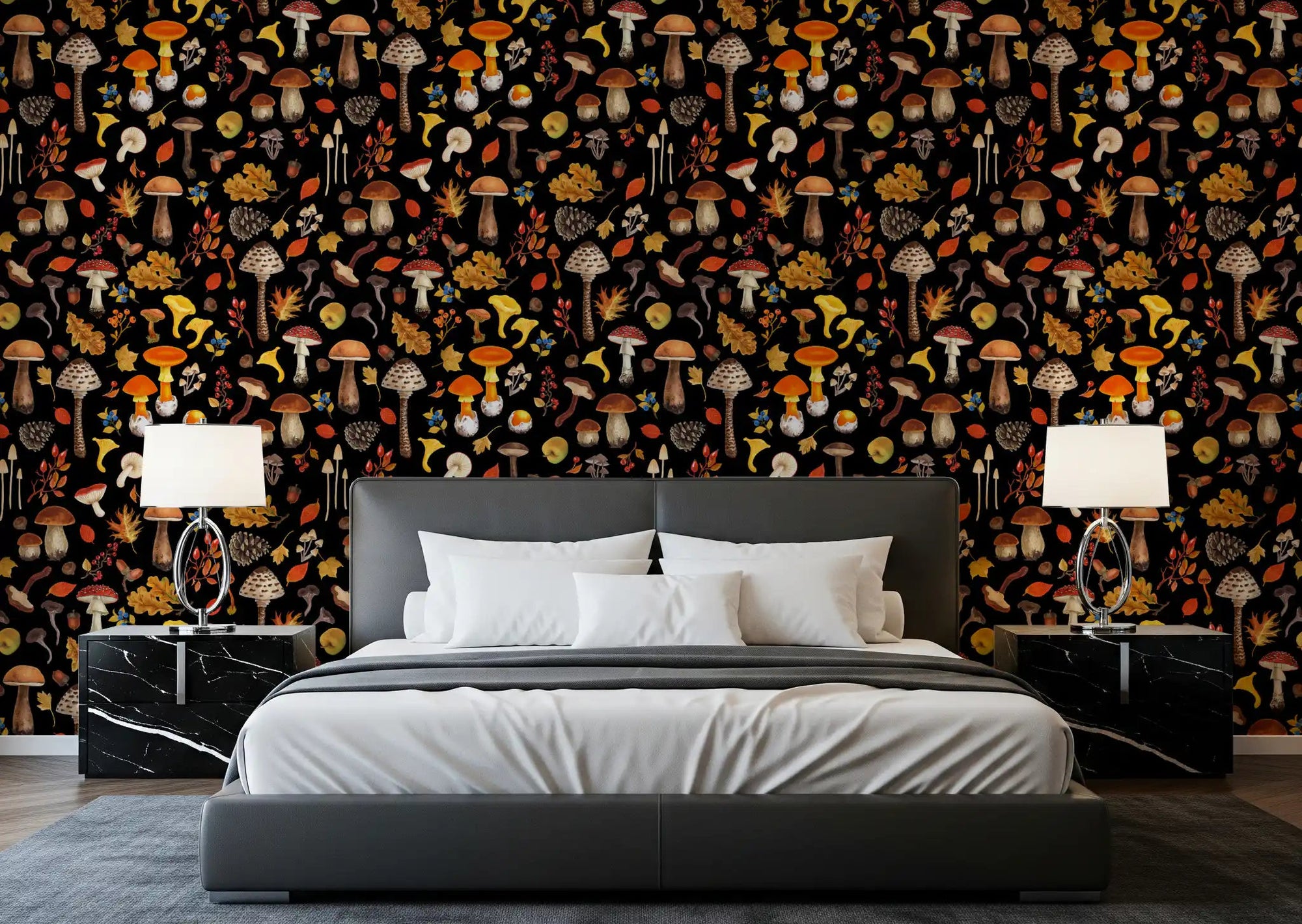 Wild mushroom wallpaper styled on a bedroom feature wall., GD10220