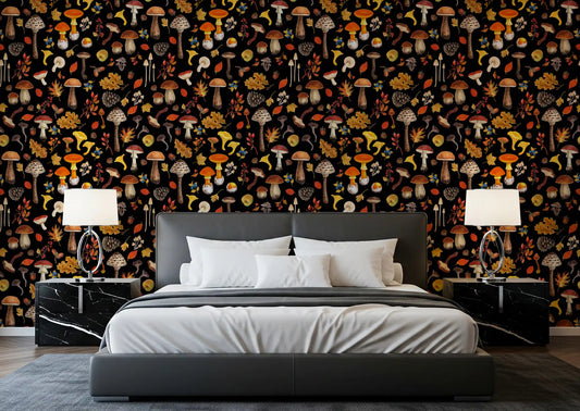 Wild mushroom wallpaper styled on a bedroom feature wall.