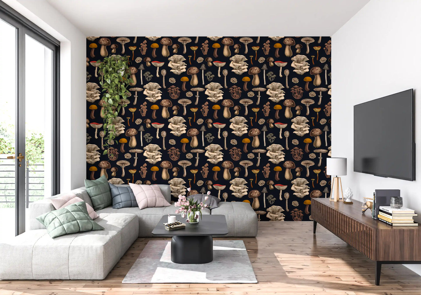 Wild Mushrooms  on graphite black Wallpaper⁠
