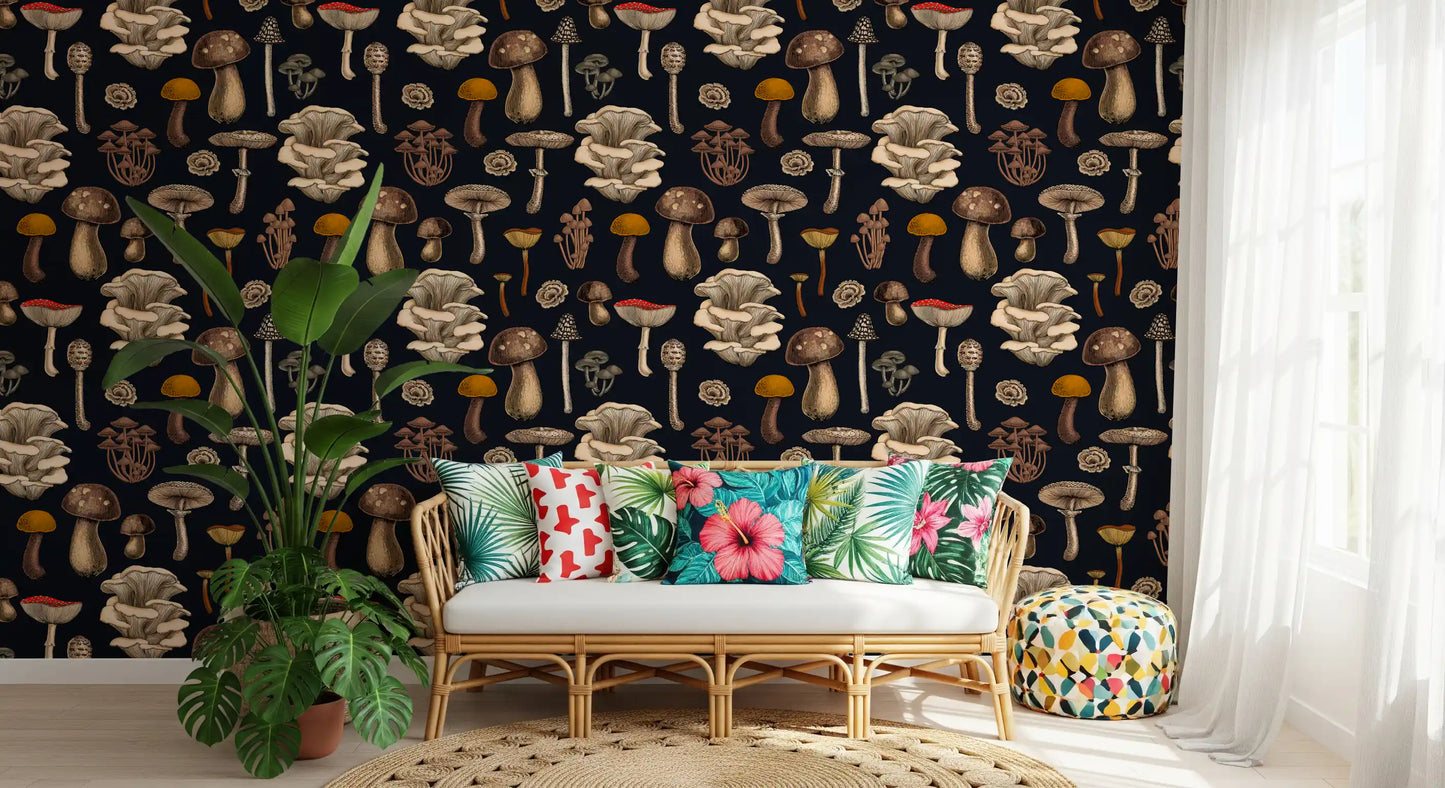 Wild Mushrooms  on graphite black Wallpaper⁠