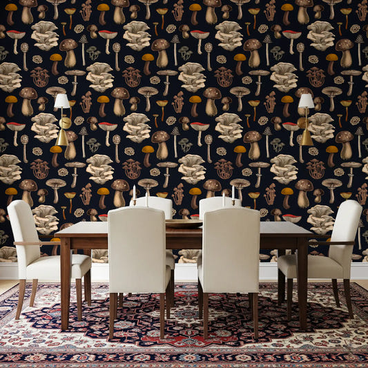 Dining room accent wall with vintage botanical mushroom wallpaper.